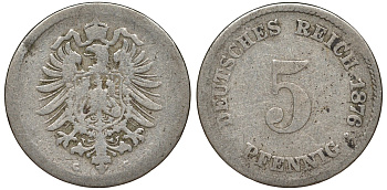 Германия 5 пфеннигов 1876 C, старогербовка KM 3, J. 3 медно-никель 51-3243