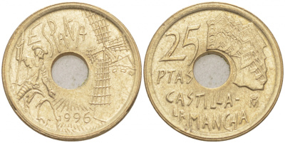 ИСПАНИЯ 25 ПЕСЕТ 1996 КАСТИЛЬЯ - ЛА МАНЧА - ДОН КИХОТ, ХУАН КАРЛОС I (1975-) KM 962 медь цинк никель 4549-914