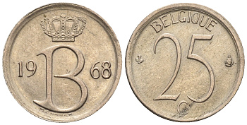 Бельгия 25 сантимов 1968 Belgique, Бодуэн I (1951-1993) KM 153.1 медно-никель 4609-747