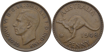 АВСТРАЛИЯ 1 ПЕННИ 1948 m, ГЕОРГ VI (1936-1952), КЕНГУРУ KM 36 бронза 97-912