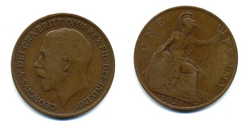 Великобритания 1 пенни 1921 Георг V (1910-1936) KM 810, Spink 4051 бронза 47-636