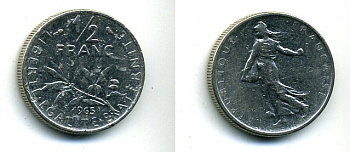 Франция 1/2 франка 1965 сеятель KM 931, Le Franc 198.3 никель 46-337