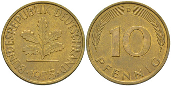 ФРГ 10 ПФЕННИГОВ 1973 D KM 108, J. 383 сталь плакированная латунью 219-447