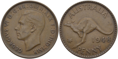 АВСТРАЛИЯ 1 ПЕННИ 1948 m, ГЕОРГ VI (1936-1952), КЕНГУРУ KM 36 бронза 97-912