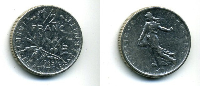 Франция 1/2 франка 1965 сеятель KM 931, Le Franc 198.3 никель 46-337