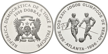 Сан-Томе и Принсипи 1000 добра 1996 XXVI летние Олимпийские Игры, Атланта 1996 - Футбол KM 55 медно-никель PROOF 11-316-41