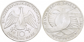 ФРГ 10 марок 1972 D, XX летние Олимпийские игры 1972 года в Мюнхене, символика KM 131, J.402 серебро UNC 4127-112