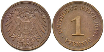 ГЕРМАНИЯ 1 ПФЕННИГ 1913 F KM 10, J. 10, Weege 2 медь 206-421
