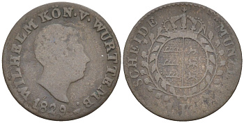 Вюртемберг 1 крейцер 1829 W, Вильгельм I (1816-1864) KM 548, K/R 84.5, AKS 108 серебро 187-1024
