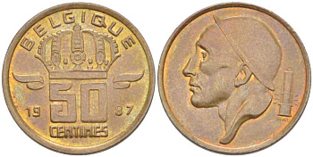 БЕЛЬГИЯ 50 САНТИМОВ 1987 BELGIQUE, БОДУЭН I (1951-1993) KM 148.1 бронза 206-221