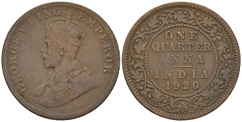 Британская Индия 1/4 анны 1920 Георг V (1910-1936) KM 512 бронза 98-1246