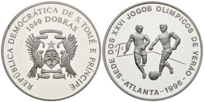 Сан-Томе и Принсипи 1000 добра 1996 XXVI летние Олимпийские Игры, Атланта 1996 - Футбол KM 55 медно-никель PROOF 00-00