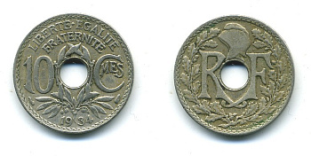 ФРАНЦИЯ 10 САНТИМОВ 1934 ТИП ЛИНДАЙЁ KM 866а медно-никель 84-338
