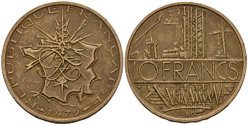 Франция 10 франков 1979 тип Матье KM 940, Le Franc 365.13-14 никель латунь 4599-341