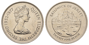 Джерси 25 пенсов 1977 25 лет правления Елизаветы II KM 44 медно-никель BU 74-1323