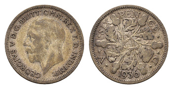 Великобритания 6 пенсов 1936 Георг V (1910-1936) KM 832, Spink 4041 серебро 100-929