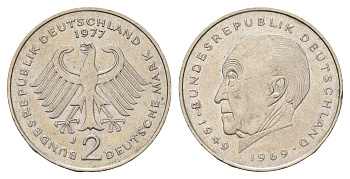 ФРГ 2 марки 1977 J, Конрад Аденауэр KM 124, J. 406 медно-никель 3459-954