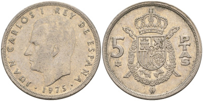 Испания 5 песет 1975 (80) Хуан Карлос I (1975-2014) KM 807 медно-никель 4155-715