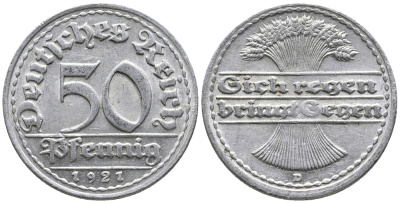 ГЕРМАНИЯ 50 ПФЕННИГОВ 1921 D KM 27, J. 301 алюминий 24-1023
