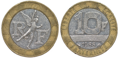 Франция 10 франков 1988 тип Гений Бастилии KM 964.1, Le Frank 375.2 биметалл 45-526