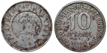 Германия, Гёппинген 10 пфеннигов 1918 Баден-Вюртемберг, нотгельд Funck 163.2a железо 4119-1137