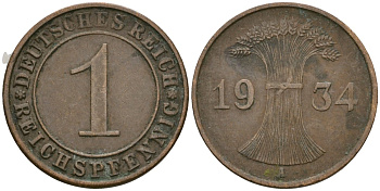 Германия 1 рейхспфенниг 1934 A KM 37, J. 313 бронза 4189-1249