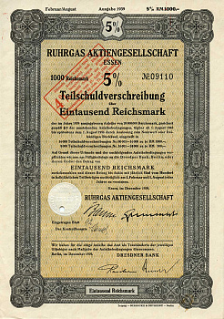 Германия 1000 рейхсмарок 1939 Акционерное общество Рургас Эссен, 5% -ное частичное долговое обязательство с маркой конвертации под 4% -ную процентную ставку, облигация   бумага   8804-23-1