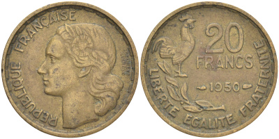 ФРАНЦИЯ 20 ФРАНКОВ 1950 3 ПЕРА, ПОЛНАЯ ПОДПИСЬ KM 916.1, LE FRANC 401.1 алюминиевая бронза 4556-152