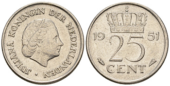 Нидерланды 25 центов 1951 Юлиана (1949-1980) KM 183 никель 220-546