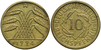 Германия 10 рейхспфеннигов 1924 A KM 40 алюминиевая бронза 4171-323
