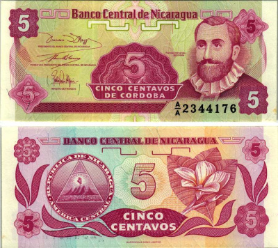 Никарагуа 5 сентаво ND (1991) Франсиско Эрнандес де Кордоба Pick 168a (1) бумага UNC (пресс) 7548-119-1-2