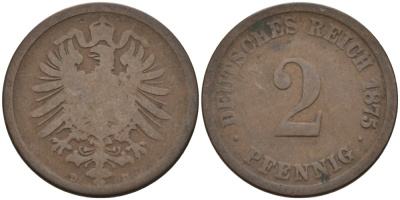 Германия 2 пфеннига 1875 D, старогербовка KM 2, J. 2 медь 4575-647