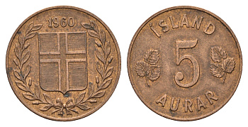 Исландия 5 эйре 1960 KM 9 бронза 4691-325