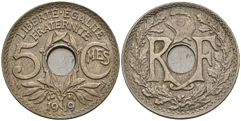 Франция 5 сантимов 1919 тип Линдайё KM 865, Le Franc 121.3 медно-никель 4596-443