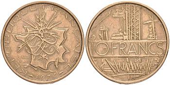 Франция 10 франков 1974 тип Матье KM 940, Le Franc 365.3-4 никель латунь 189-311