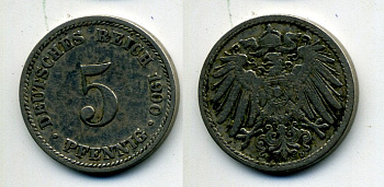ГЕРМАНИЯ 5 ПФЕННИГОВ 1900 D, KM 11, J. 12 медно-никель 58-1126