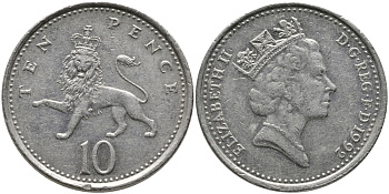 Великобритания 10 пенсов 1992 Елизавета II (1952-2022) KM 938b, Spink 4367 (F4) медно-никель 65-952