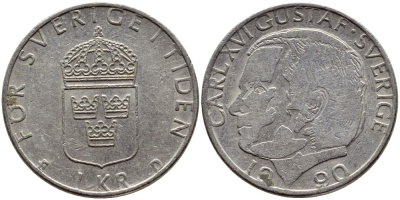 Швеция 1 крона 1990 Карл XVI Густав (1973- ) KM 852a медно-никель 4398-1247