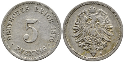 ГЕРМАНИЯ 5 ПФЕННИГОВ 1876 J, СТАРОГЕРБОВКА KM 3, J.3 медно-никель 4387-748