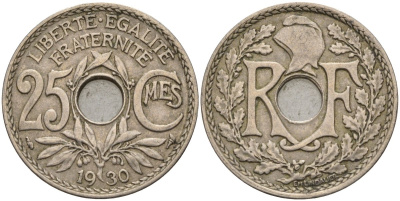 Франция 25 сантимов 1930 KM 867a, Le Franc 171.7 медно-никель 4143-441