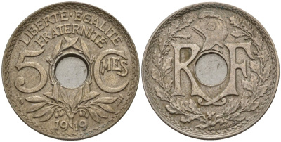 Франция 5 сантимов 1919 тип Линдайё KM 865, Le Franc 121.3 медно-никель 4596-443