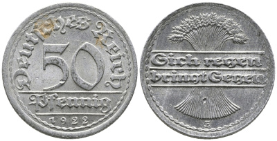 ГЕРМАНИЯ 50 ПФЕННИГОВ 1922 GF KM 27, J. 301 алюминий 24-1046