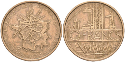 Франция 10 франков 1974 тип Матье KM 940, Le Franc 365.3-4 никель латунь 189-311