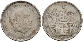 Испания 5 песет 1957 (60) Франсиско Франко (1939-1975) KM 786 медно-никель 186-454