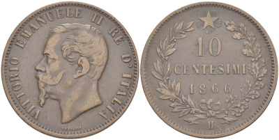 ИТАЛИЯ 10 ЧЕНТЕЗИМО 1866 H, МОНДВОР БИРМИНГЕМ, ВИКТОР ЭММАНУИЛ II (1861-1878) KM 11.3 медь 4526-816
