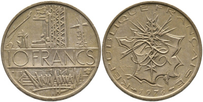 Франция 10 франков 1976 тип Матье KM 940, Le Franc 365.7-8 никель латунь 65-1033