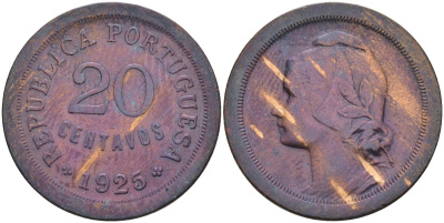 Португалия 20 сентаво 1925 KM 574 бронза 28-222