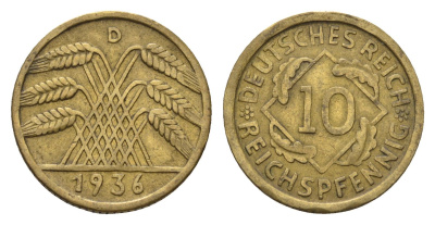 Германия 10 рейхспфеннигов 1936 D KM 40, J. 317 алюминиевая бронза 4684-224