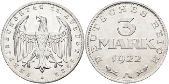 Германия 3 марки 1922 A, третья годовщина Веймарской Конституции KM 29, J.303 алюминий UNC 4587-222