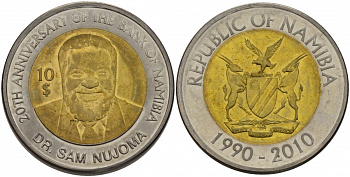 Намибия 10 долларов 2010 20 лет банку Намибии биметалл KM NEW UNC 32-121